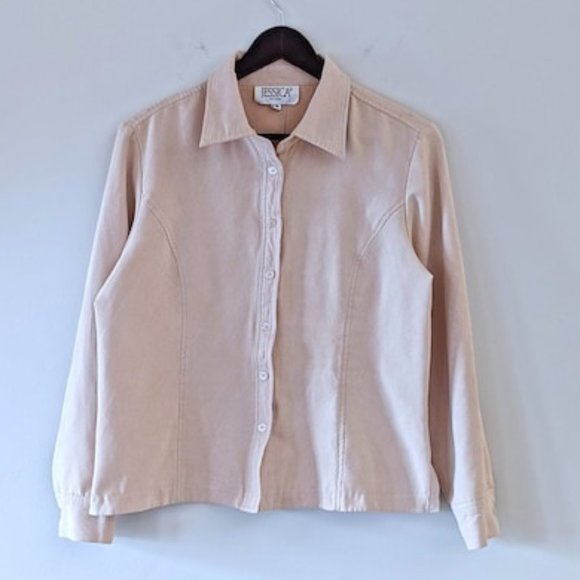 VINTAGE 90s Boxy Faux Suede Blouse Western Retro Neutral Button Up Shirt - Picture 1 of 11